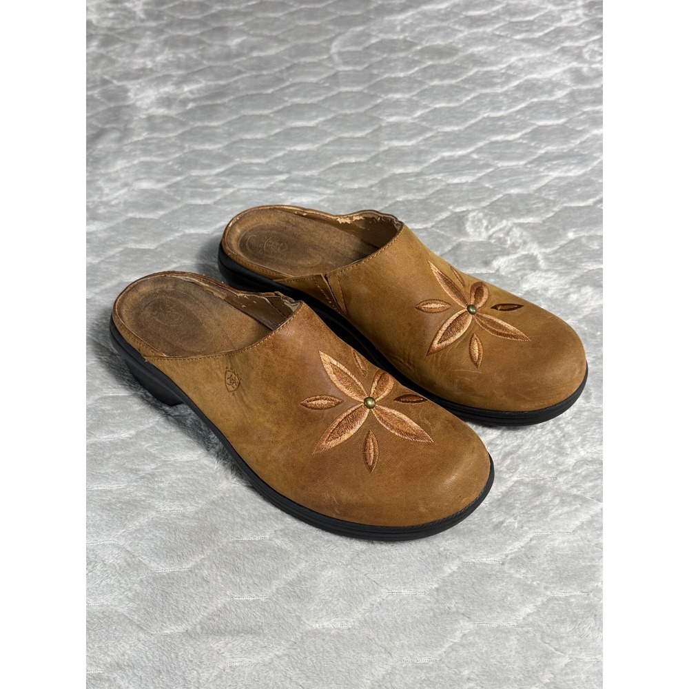 Ariat Womens Tan Leather Embroidered Floral Clogs Mules 93965 Brown Size 8B